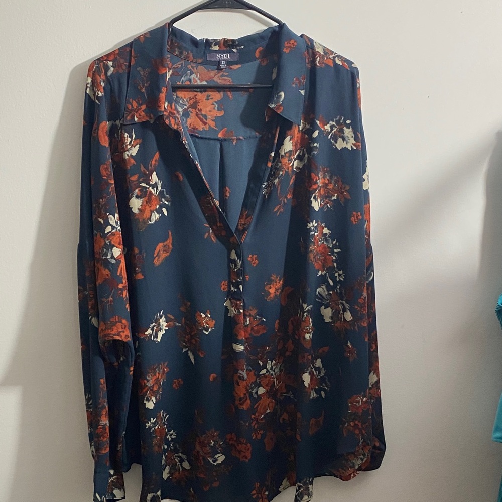 NYDJ Navy and Orange Floral Blouse